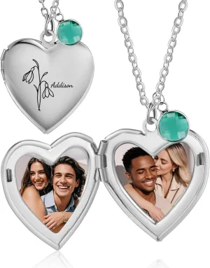 Locket Necklace for Women - Heart Locket Necklace Customized Photo Name Birthstone and Birth Flower - Jewelry Gifts for Women