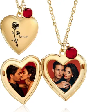 Locket Necklace for Women - Heart Locket Necklace Customized Photo Name Birthstone and Birth Flower - Jewelry Gifts for Women