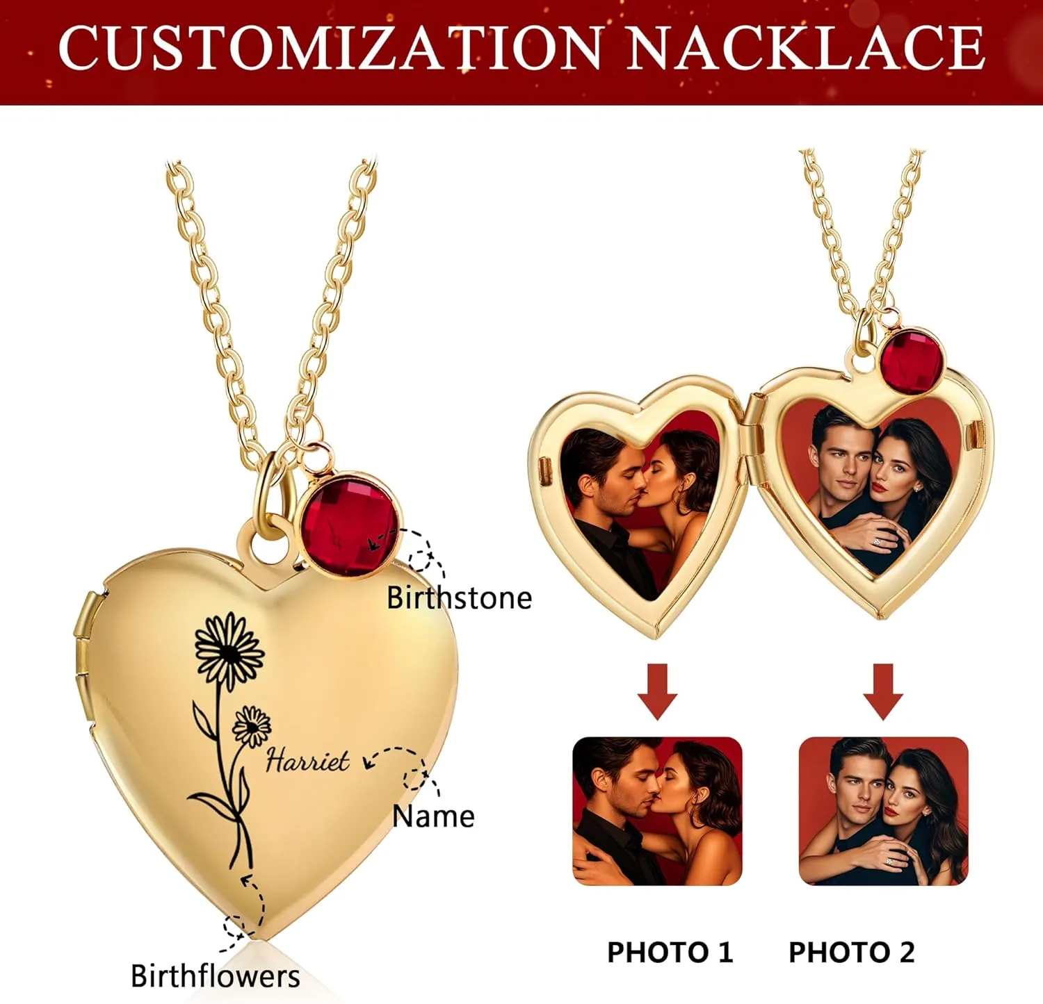 Locket Necklace for Women - Heart Locket Necklace Customized Photo Name Birthstone and Birth Flower - Jewelry Gifts for Women