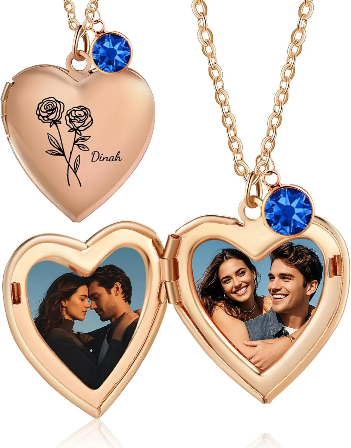 Locket Necklace for Women - Heart Locket Necklace Customized Photo Name Birthstone and Birth Flower - Jewelry Gifts for Women