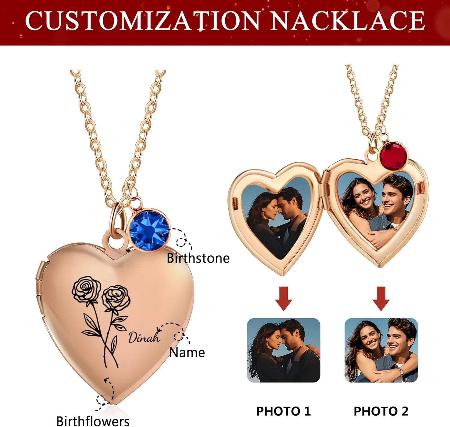 Locket Necklace for Women - Heart Locket Necklace Customized Photo Name Birthstone and Birth Flower - Jewelry Gifts for Women
