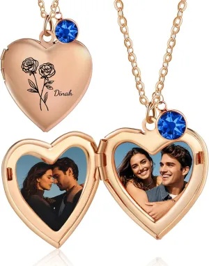 Locket Necklace for Women - Heart Locket Necklace Customized Photo Name Birthstone and Birth Flower - Jewelry Gifts for Women