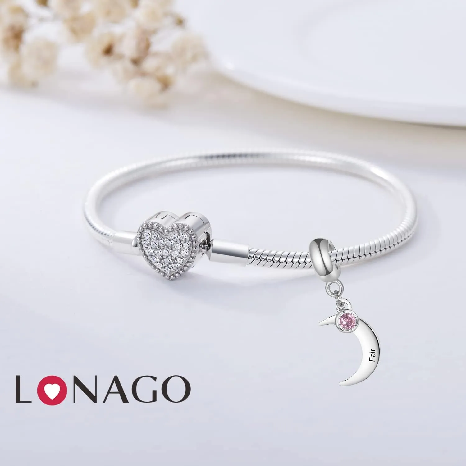 LONAGO Moon Charm for Bracelet, Personalized Crescent Moon Name Charms Bead for Bracelet Gift for Women