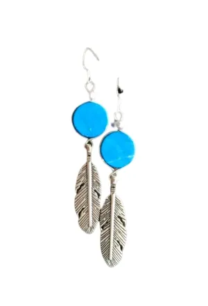 Long boho earrings with natural Turquoise stones and silver plated feathers