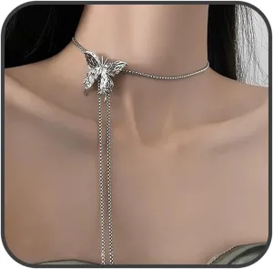 Long Lariat Necklace for Women Butterfly Pendant Long Tassel Pull-out Adjustable Necklace Silver Bar Y Double Layer Three-Dimensional Butterfly Chain Necklace