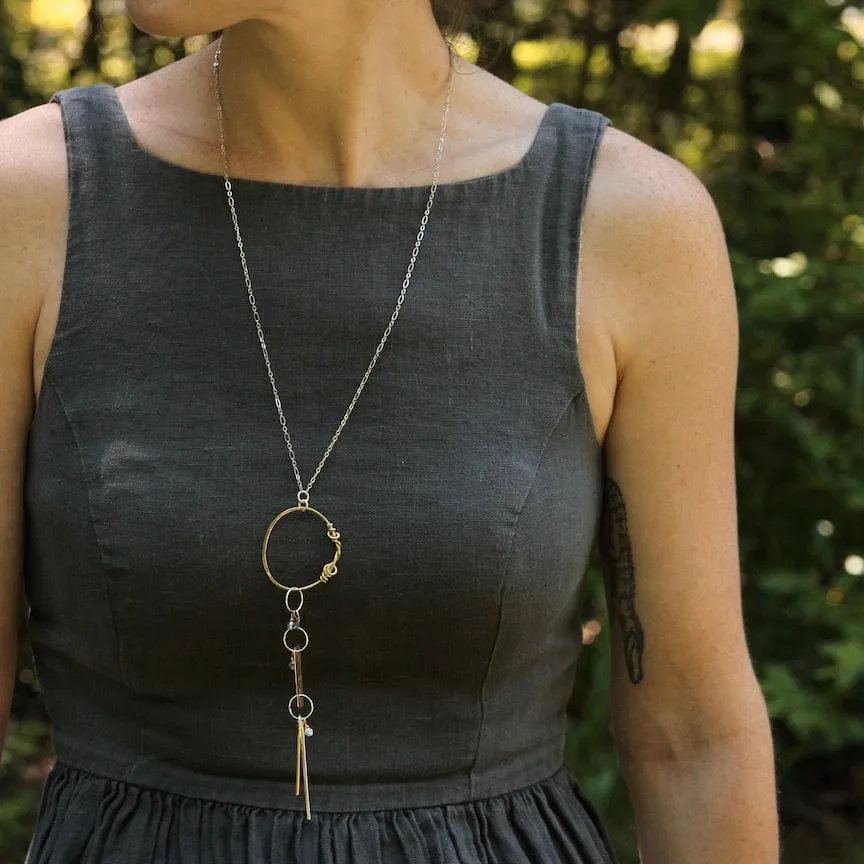 Long Mixed Metal Dangly Charm Pendant Necklace