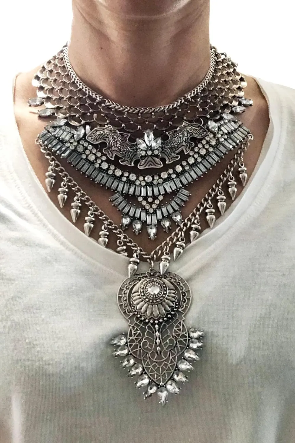 Long Tassel Chunky Boho Coin Statement Necklace For Women Silver