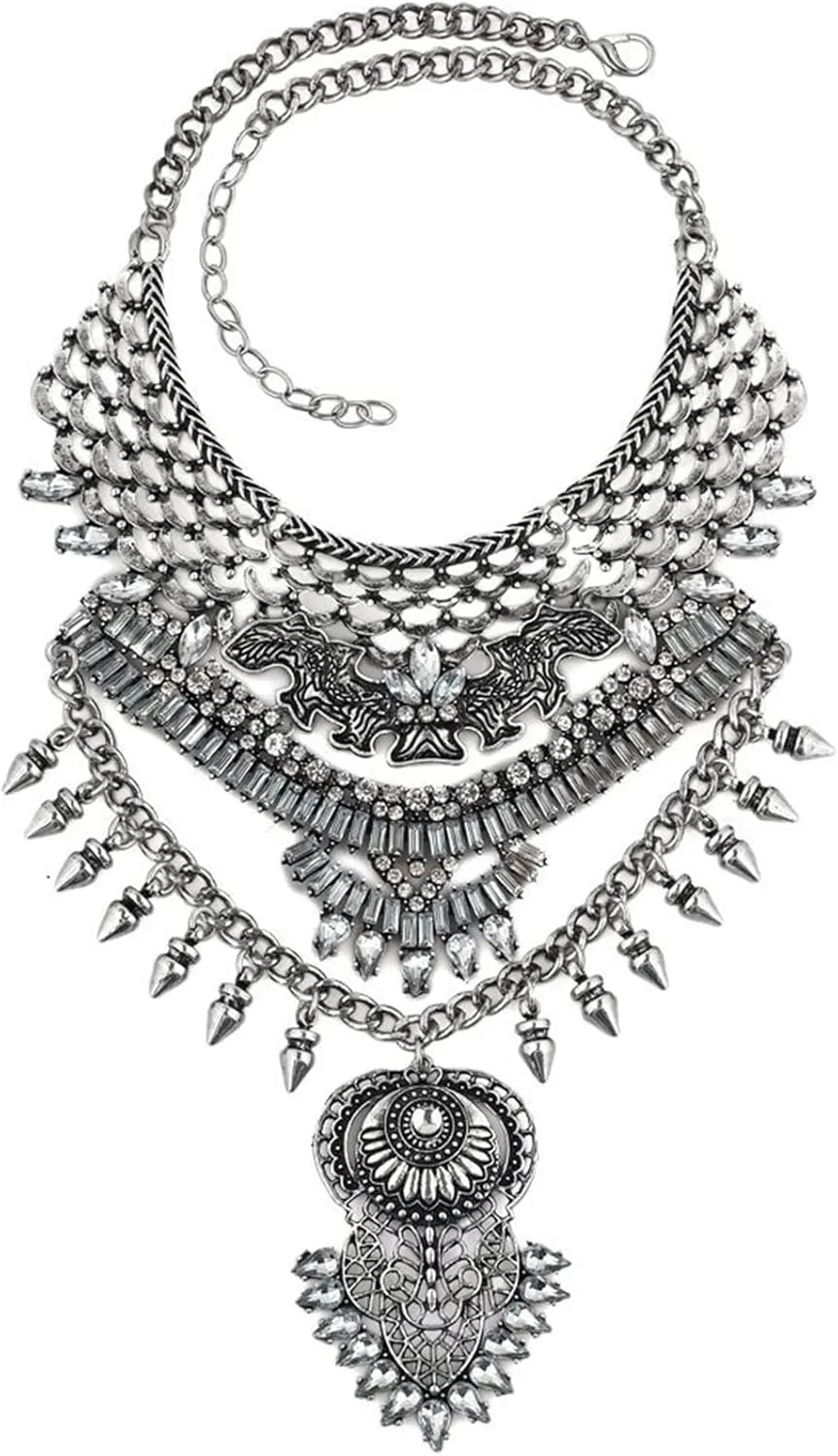 Long Tassel Chunky Boho Coin Statement Necklace For Women Silver