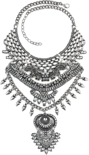 Long Tassel Chunky Boho Coin Statement Necklace For Women Silver
