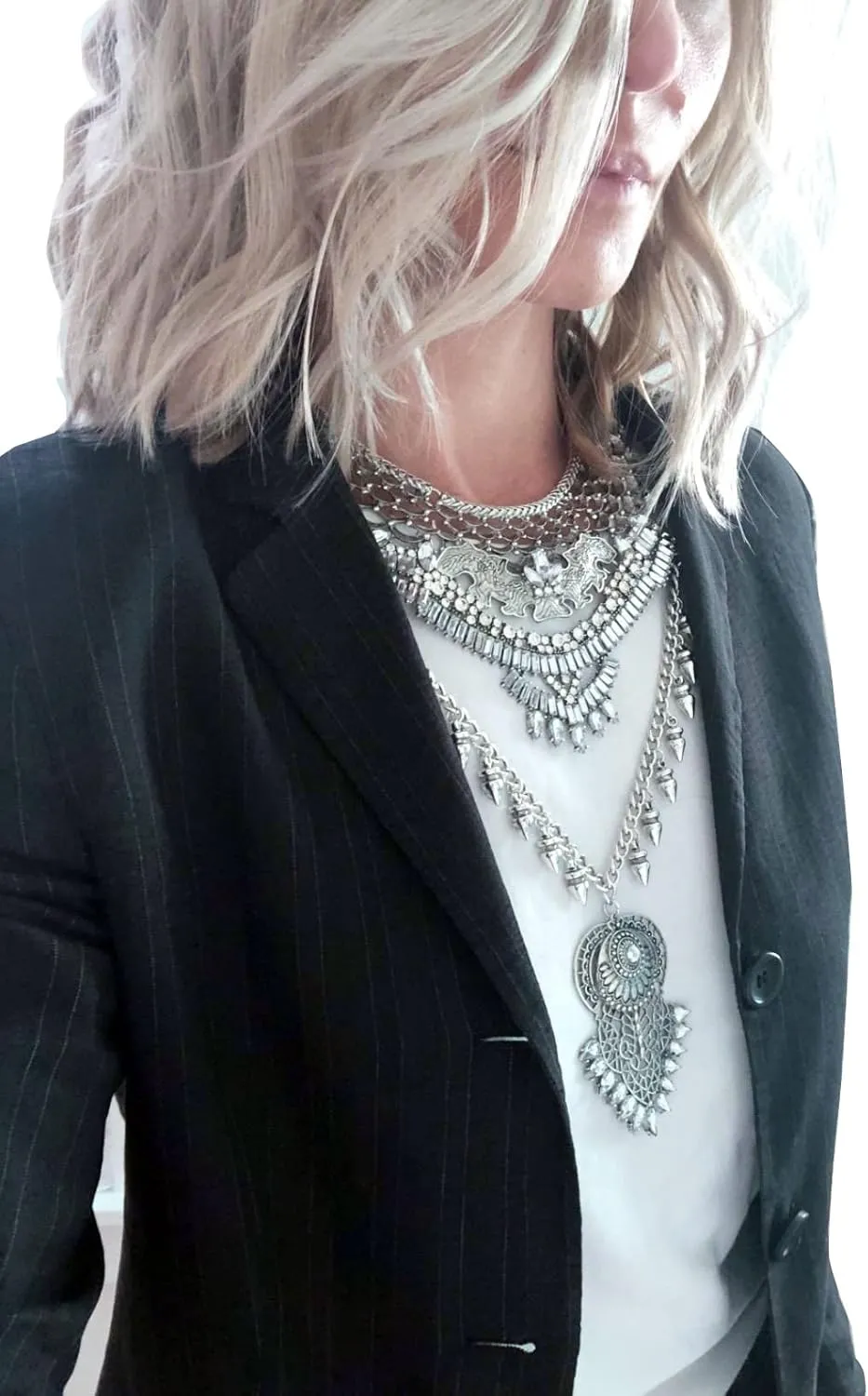 Long Tassel Chunky Boho Coin Statement Necklace For Women Silver