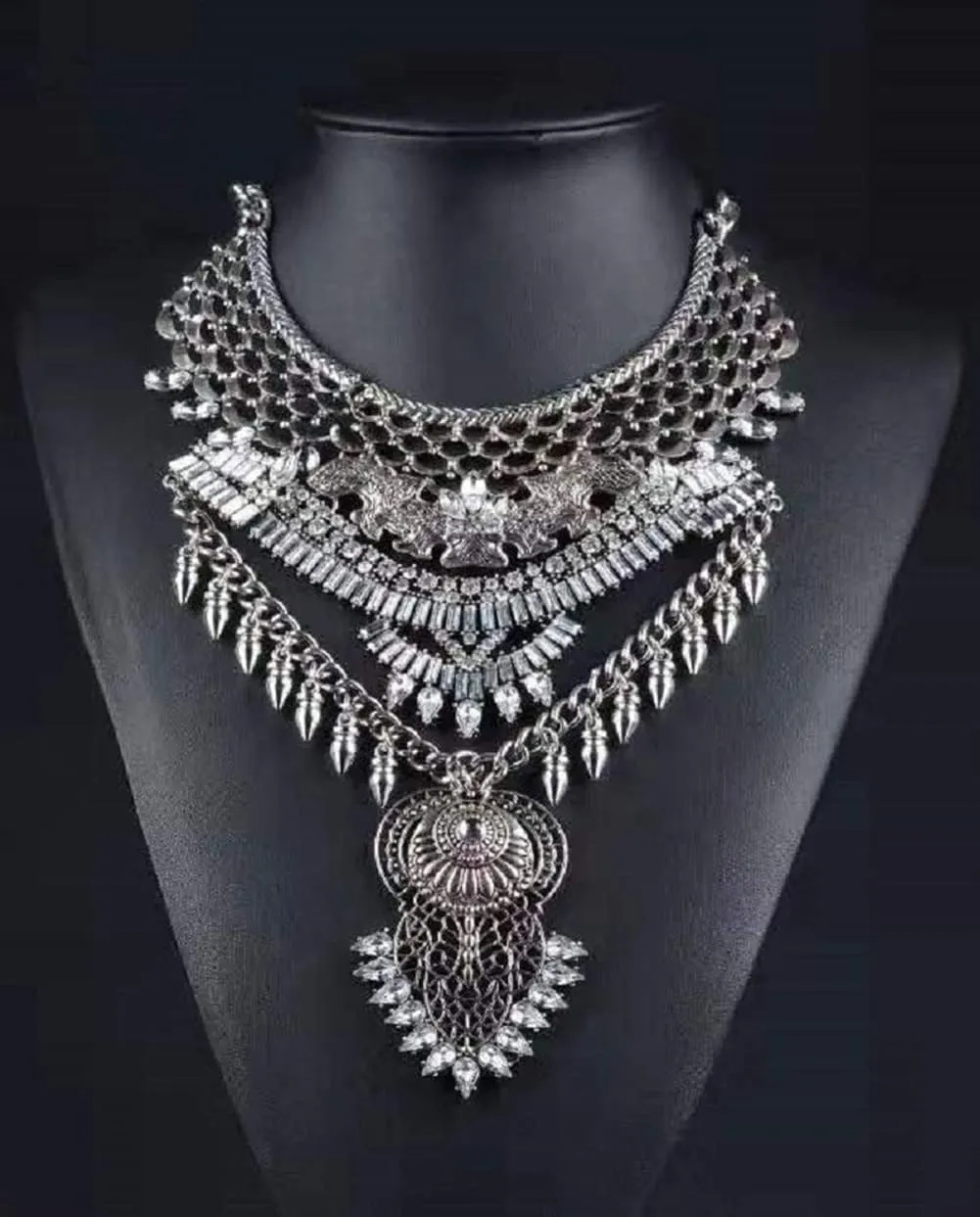 Long Tassel Chunky Boho Coin Statement Necklace For Women Silver