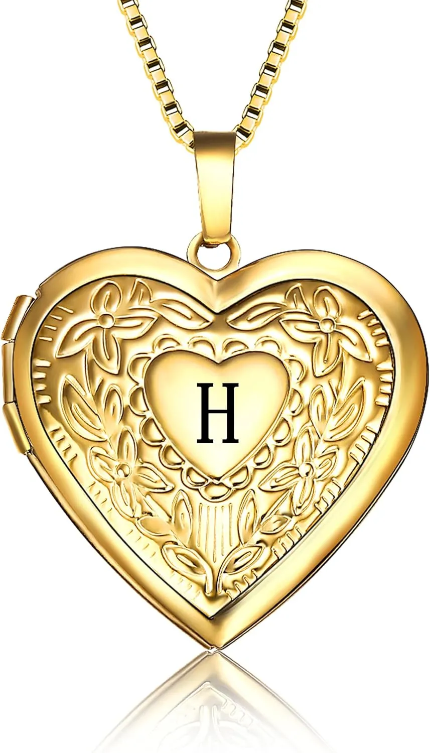Love Heart Locket Necklace That Holds Pictures, Initial Alphabet A-Z Photo Lockets