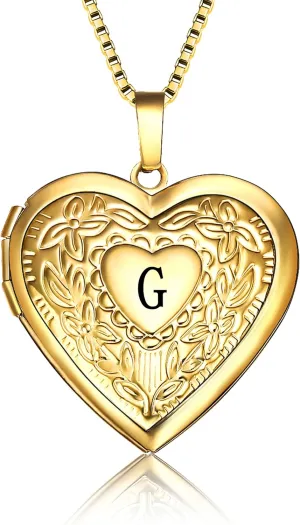Love Heart Locket Necklace That Holds Pictures, Initial Alphabet A-Z Photo Lockets