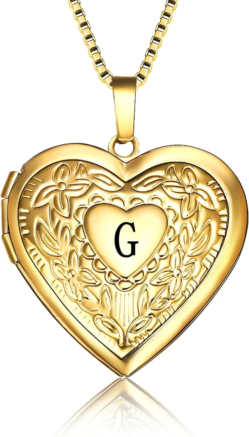 Love Heart Locket Necklace That Holds Pictures, Initial Alphabet A-Z Photo Lockets