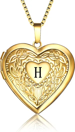 Love Heart Locket Necklace That Holds Pictures, Initial Alphabet A-Z Photo Lockets