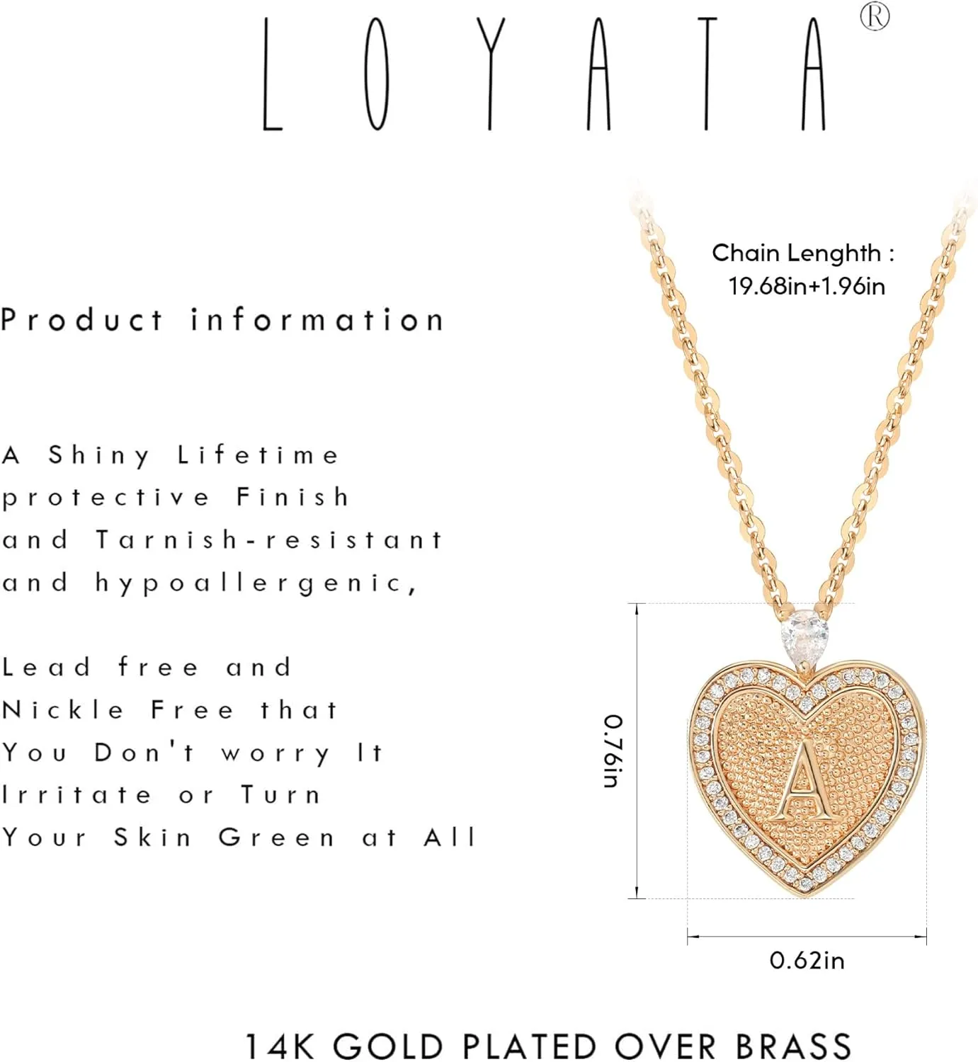 LOYATA Gold Heart Initial Necklace for Women，14K Gold Plated Heart Diamond Letter Pendant Necklace Dainty Initial Necklaces for Women Custom Name Necklace Personalized Gold Jewelry for Women Gifts