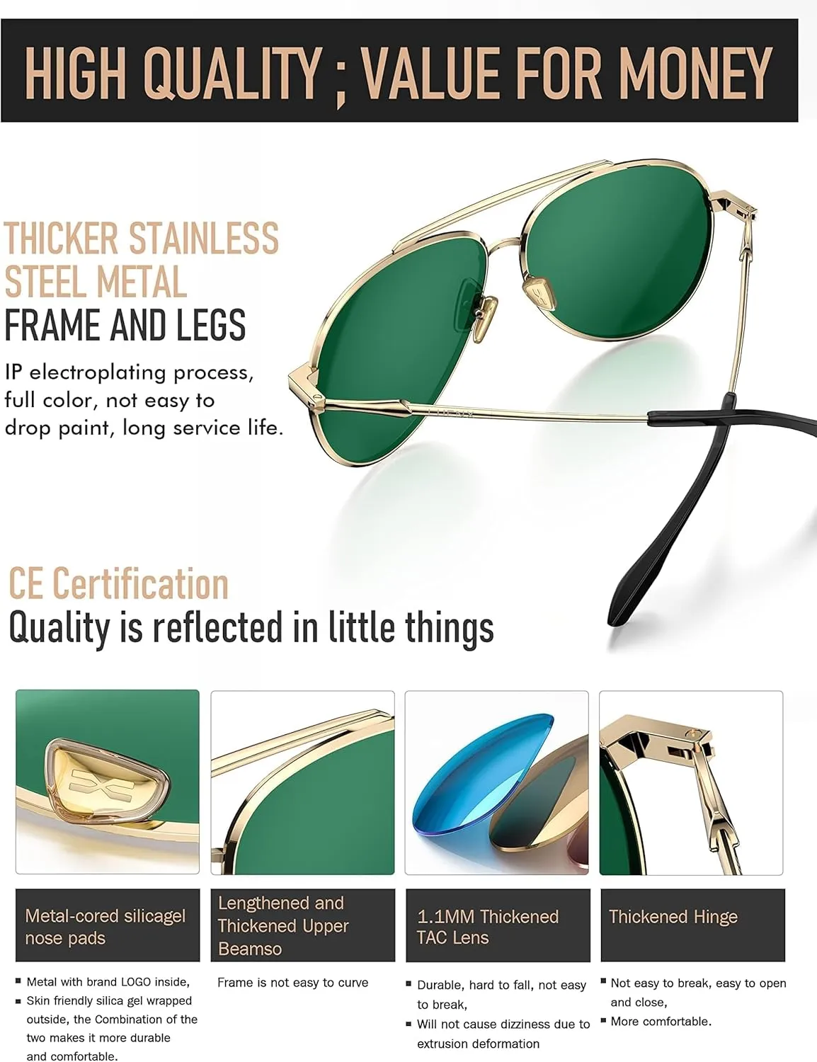 LUENX Aviator Sunglasses for Women Men Polarized Lens Trendy Sun Glasses - UV 400 Protection 60MM with Accessories Driving