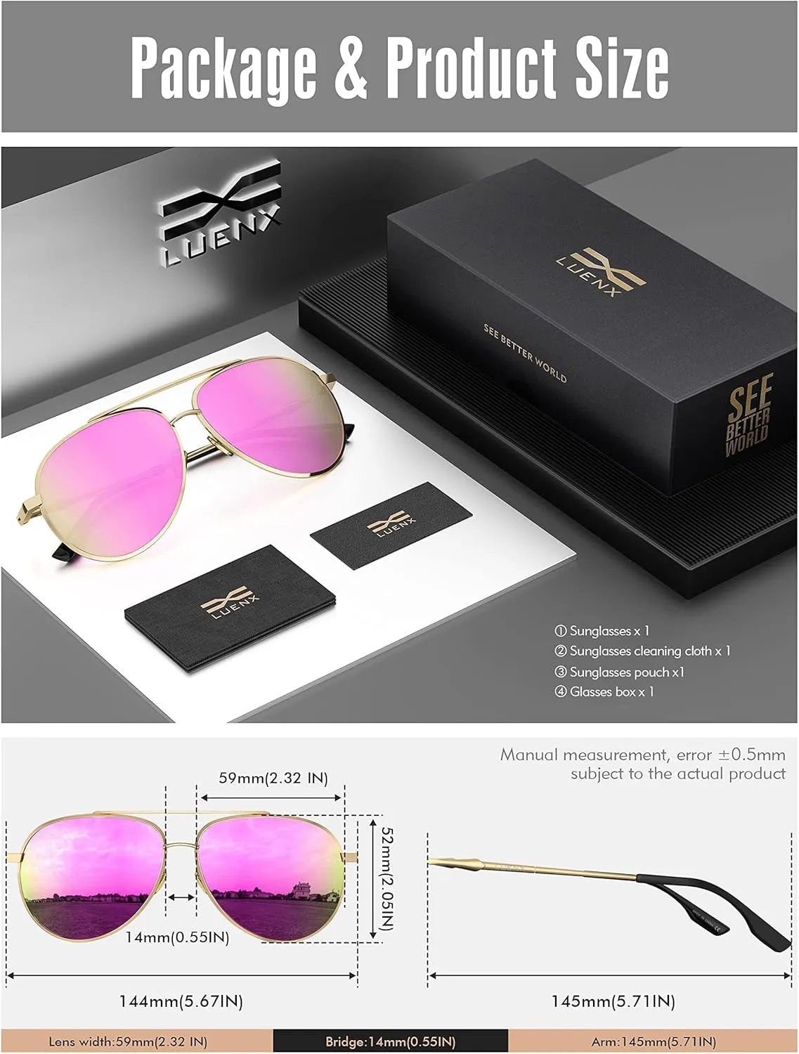 LUENX Aviator Sunglasses for Women Men Polarized Lens Trendy Sun Glasses - UV 400 Protection 60MM with Accessories Driving