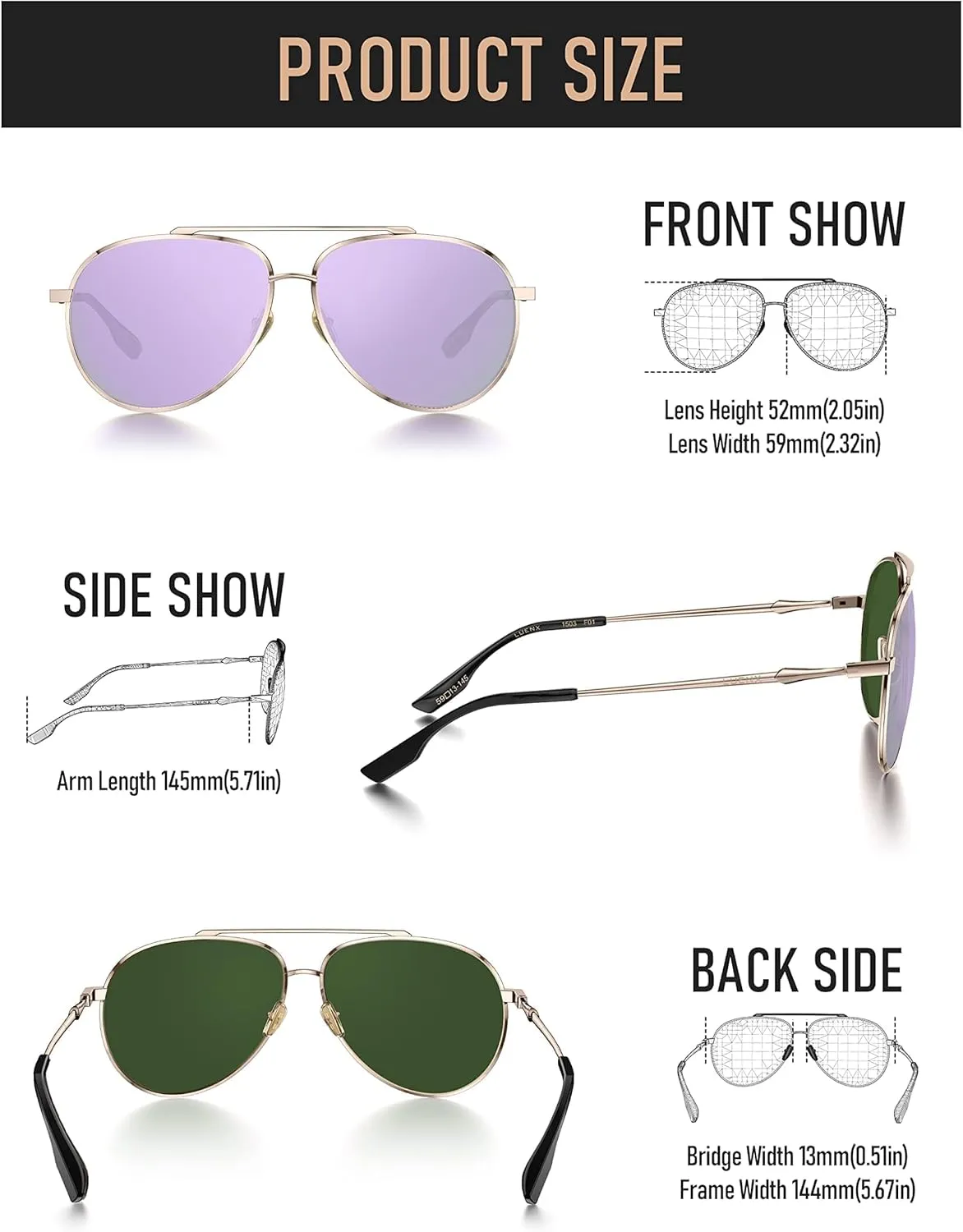 LUENX Aviator Sunglasses for Women Men Polarized Lens Trendy Sun Glasses - UV 400 Protection 60MM with Accessories Driving