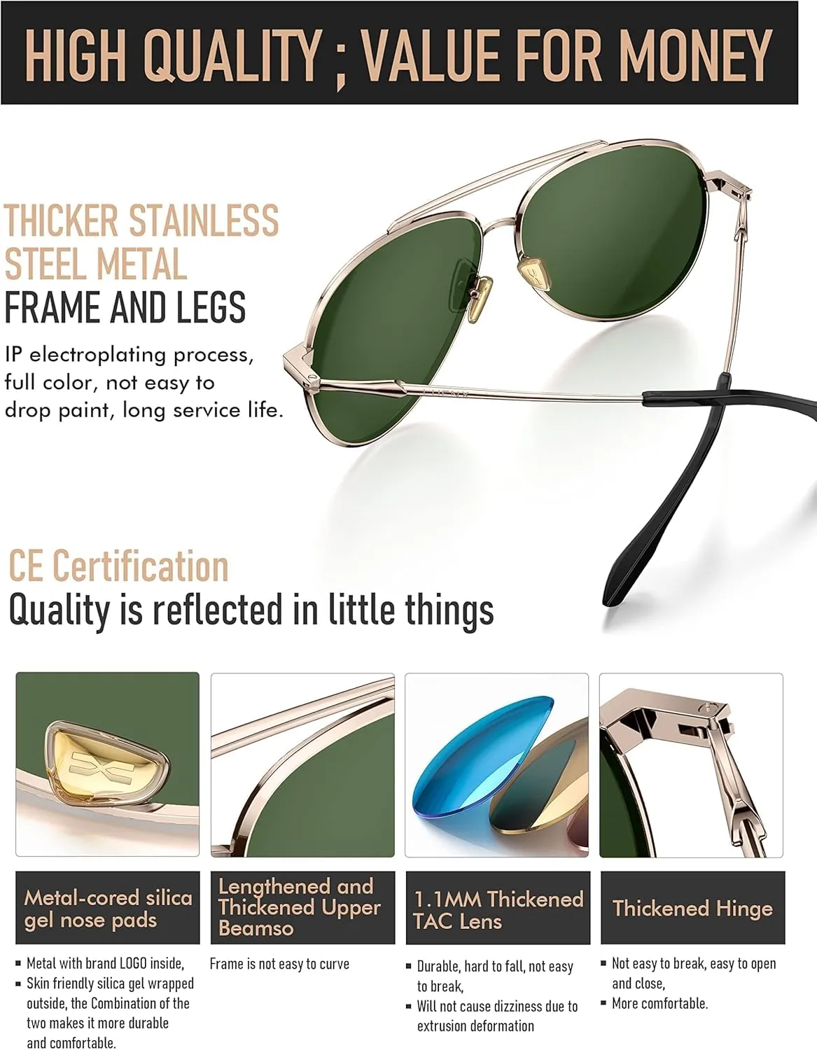LUENX Aviator Sunglasses for Women Men Polarized Lens Trendy Sun Glasses - UV 400 Protection 60MM with Accessories Driving