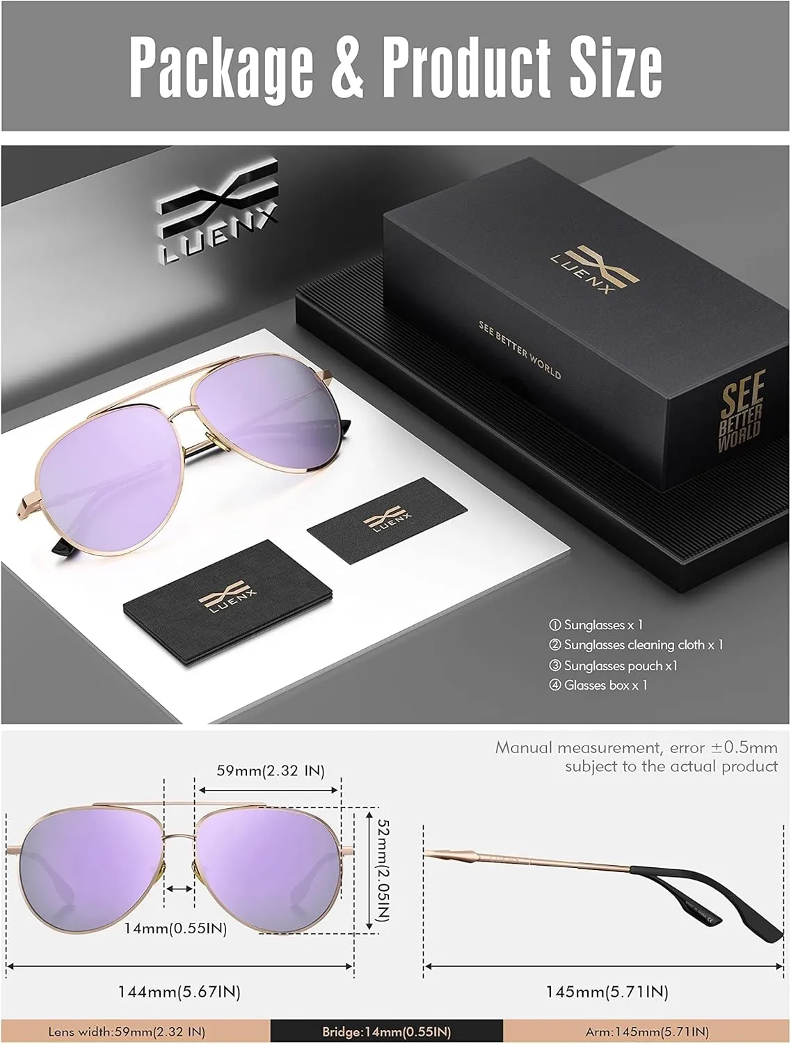 LUENX Aviator Sunglasses for Women Men Polarized Lens Trendy Sun Glasses - UV 400 Protection 60MM with Accessories Driving