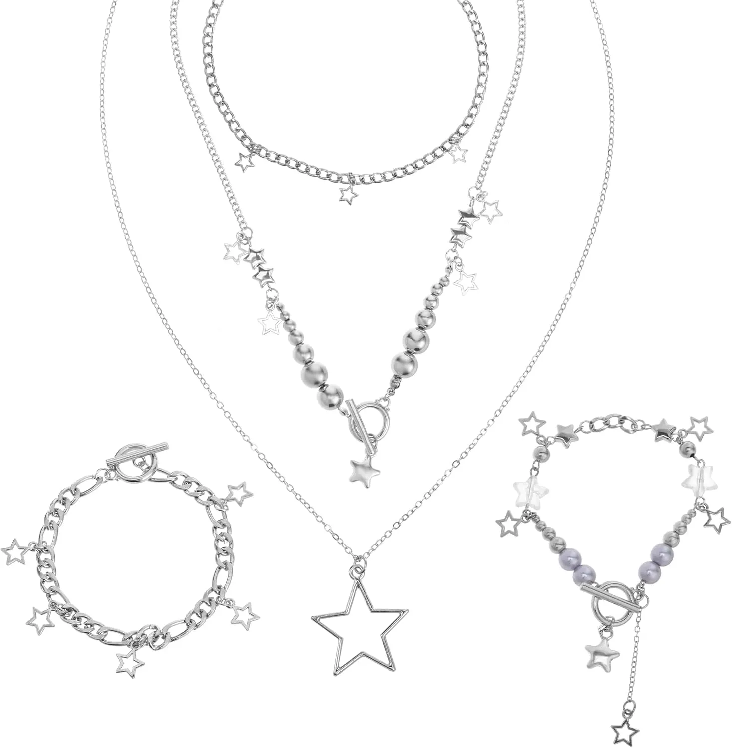 Lusofie 3 Pcs Layered Necklace Silver Star Necklace Y2k Necklace 2 Pcs Y2k Bracelets Gothic Jewelry Y2k Jewelry Set Layered Silver Necklaces for Women