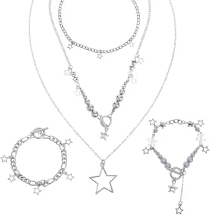 Lusofie 3 Pcs Layered Necklace Silver Star Necklace Y2k Necklace 2 Pcs Y2k Bracelets Gothic Jewelry Y2k Jewelry Set Layered Silver Necklaces for Women