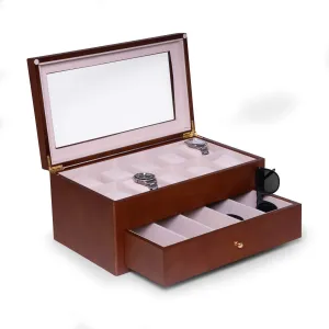 Luxury Designer 10 Watch and 5 Eyeglass and Sunglass Storage Box in Real Wood, Extra Large Slots, Soft Velour Lining, Dresser Organizer, Brown