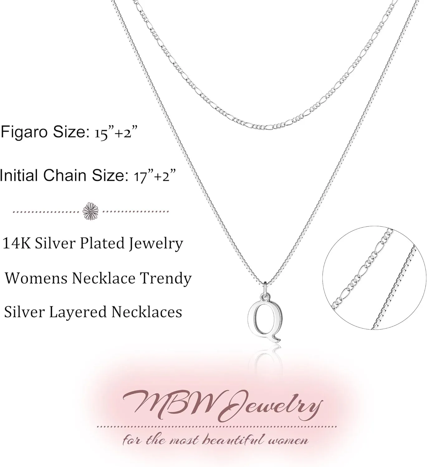 MBW Silver Initial Necklaces for Women Trendy, 14K Layered Necklace for Women Dainty Silver Letter Pendant Figaro Choker Necklaces Costume Monogram Name Necklace Silver Simple Tiny Jewelry Set
