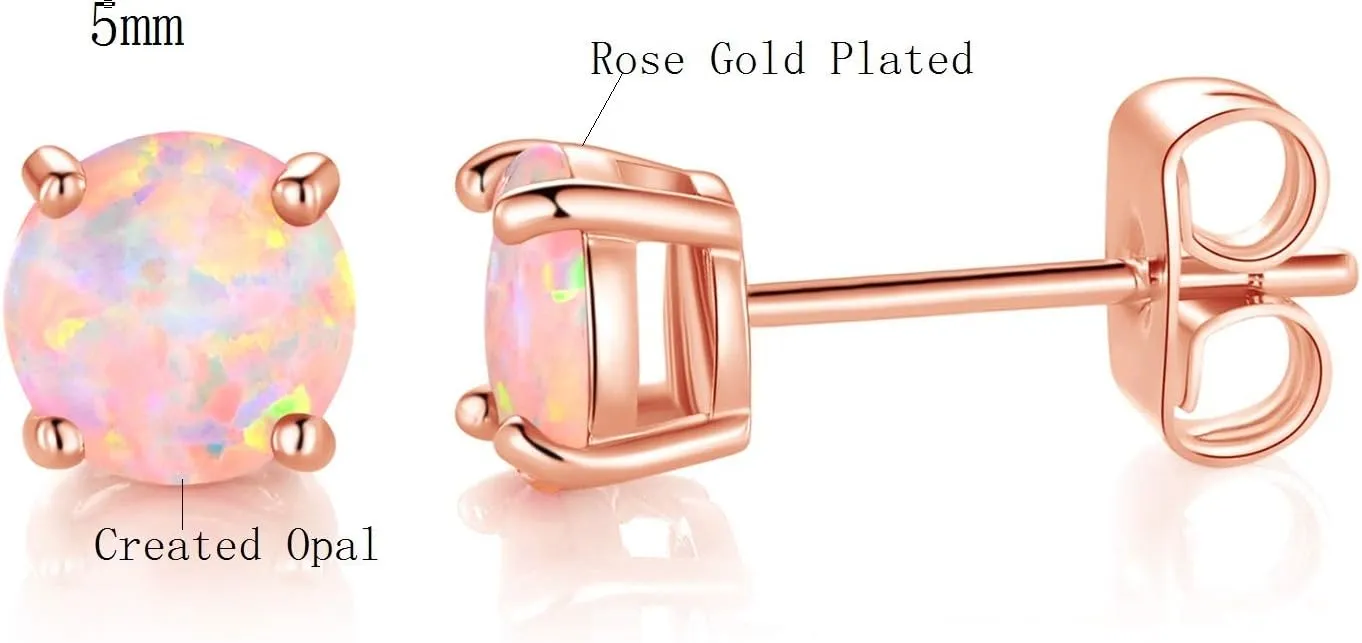 MDFUN 18K Rose Gold Plated Round Brilliant White Opal Stud Earrings for Women
