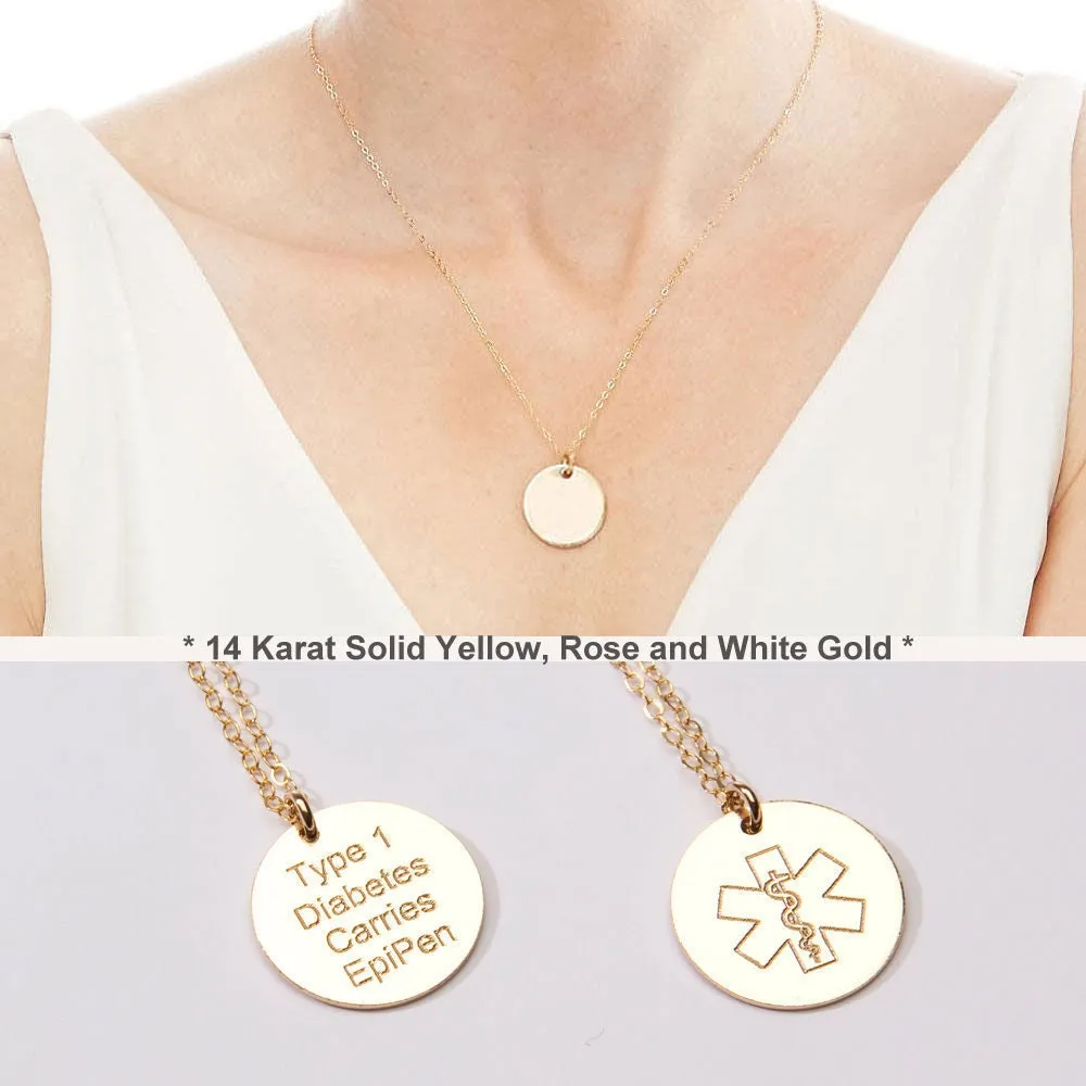 Medical Alert ID Minimalist Necklace. (14 karat Solid Gold) - CG387N_625. Starts at