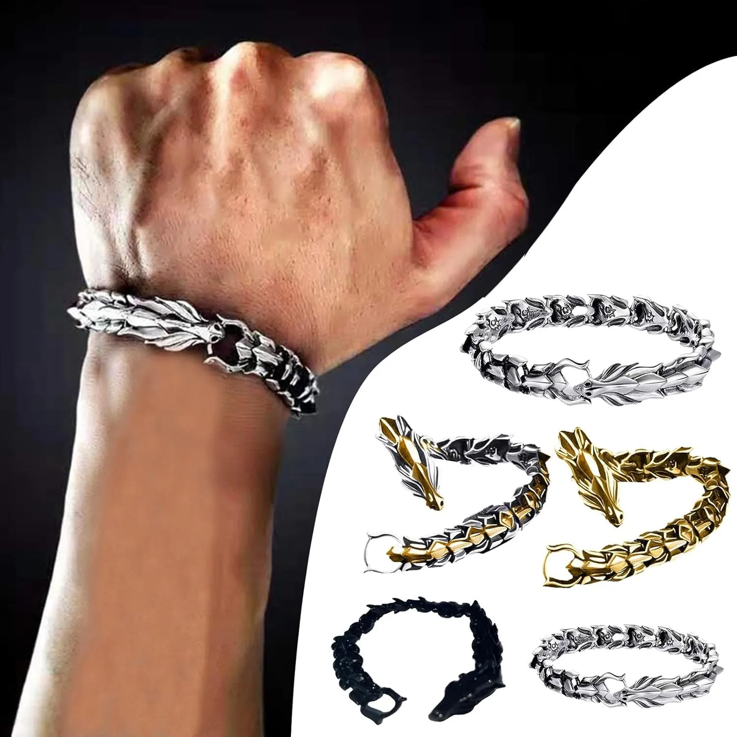 Mens Stainless Steel Wolf Head Link Curb Chain Bracelet with Spring Ring Clasp Gold Bracelets