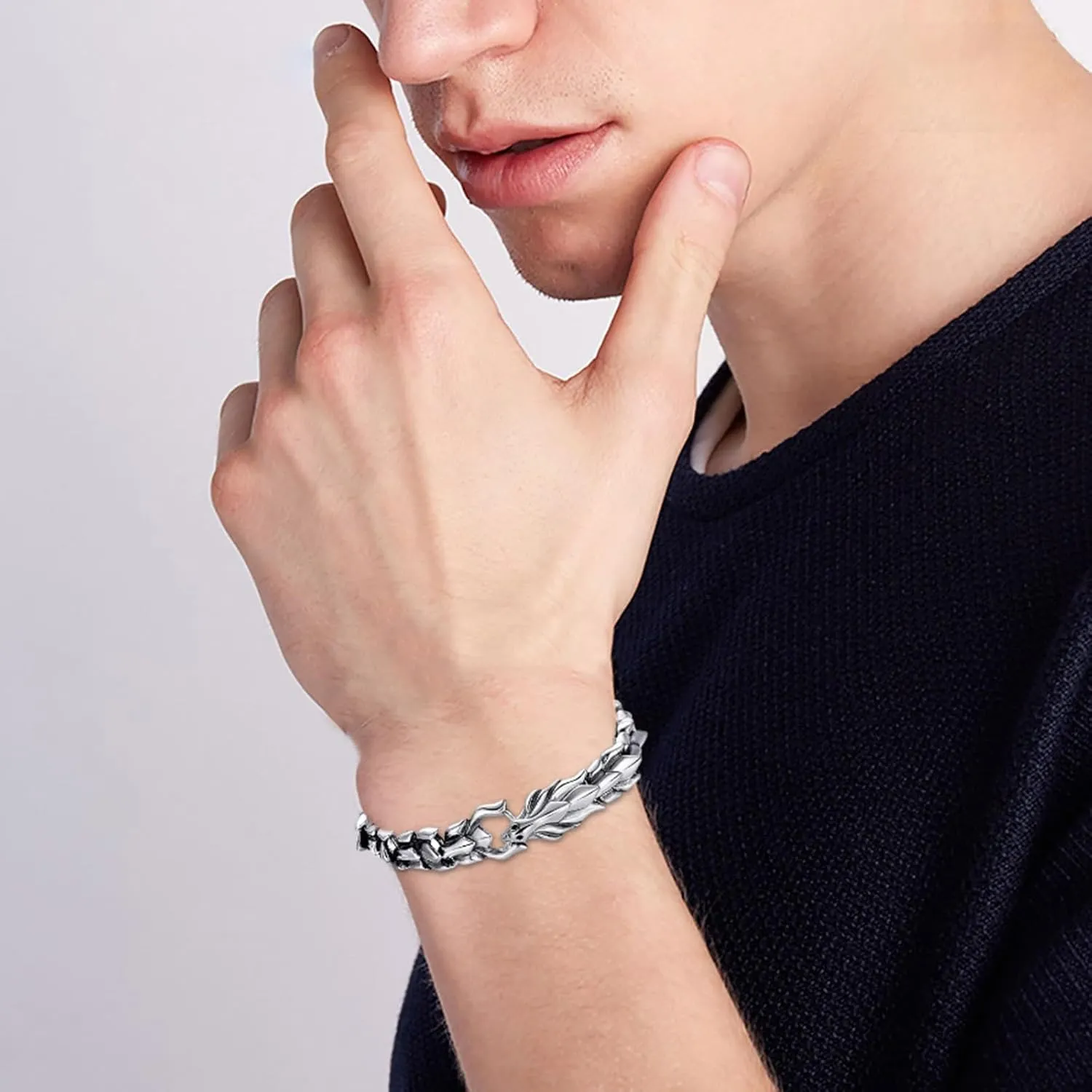 Mens Stainless Steel Wolf Head Link Curb Chain Bracelet with Spring Ring Clasp Gold Bracelets