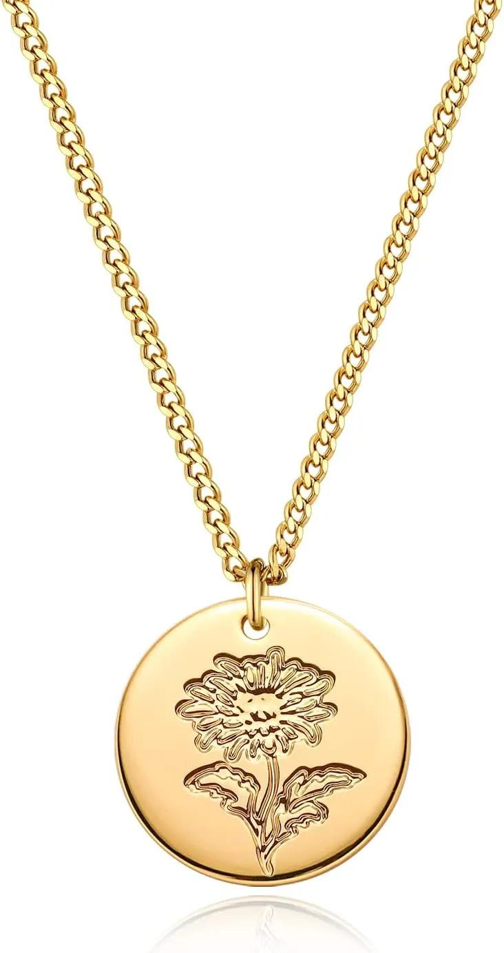 MEVECCO Birth Flower Necklace 18k Gold Custom Floral Pendant Necklaces Dainty Birth Month Flower Disc Hand Stamped Necklace Personalized Jewelry Birthday Gift