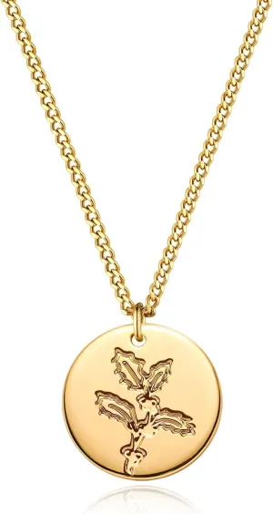 MEVECCO Birth Flower Necklace 18k Gold Custom Floral Pendant Necklaces Dainty Birth Month Flower Disc Hand Stamped Necklace Personalized Jewelry Birthday Gift