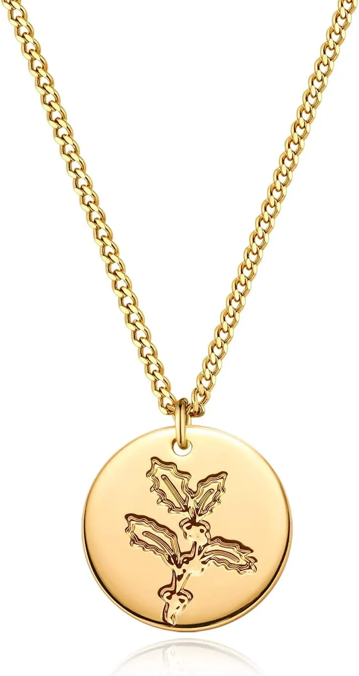 MEVECCO Birth Flower Necklace 18k Gold Custom Floral Pendant Necklaces Dainty Birth Month Flower Disc Hand Stamped Necklace Personalized Jewelry Birthday Gift