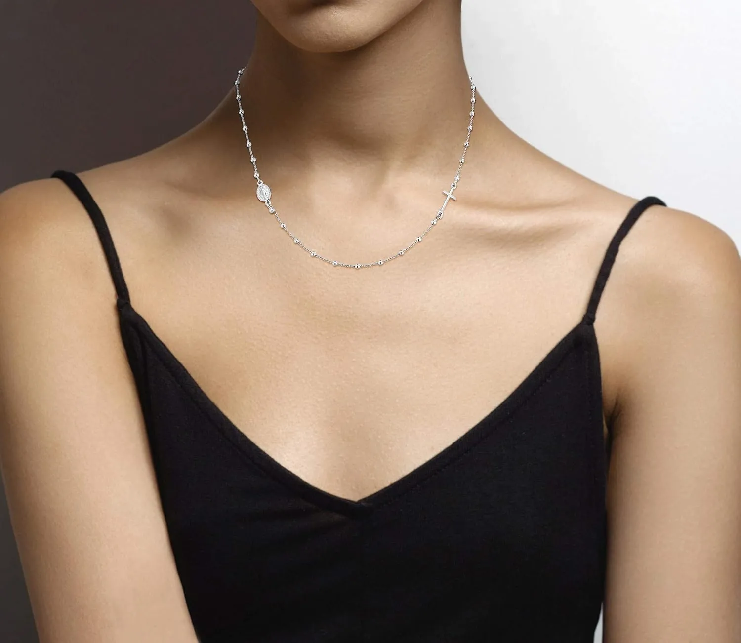 Miabella 925 Sterling Silver Italian Rosary Beaded Sideways Cross Dainty Chain Necklace for Women Made in Italy