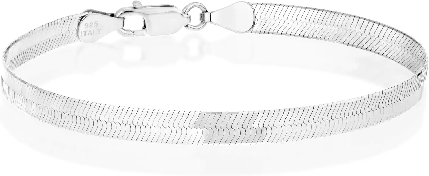 Miabella Italian Solid 925 Sterling Silver, 18Kt Gold Plated 4.5mm Flexible Flat Herringbone Link Chain Bracelet for Women Men, Made in Italy
