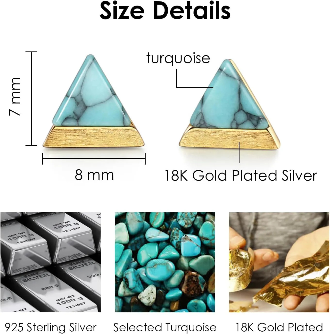 Michooyel Turquoise Stud Earrings for Women, 925 Sterling Silver and Handmade Turquoise Earrings Triangle Cut Simple Jewelry Earring