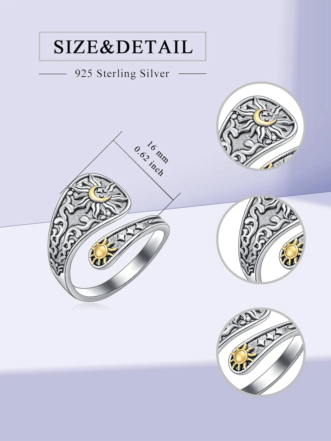 Midari Sun and Moon/Bee/Celtic/Life of Tree/Lotus Spoon Ring for Women 925 Sterling Silver Adjustable Ring Open Ring for Women Men Halloween Birthday Gift