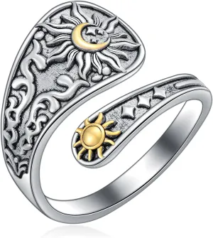 Midari Sun and Moon/Bee/Celtic/Life of Tree/Lotus Spoon Ring for Women 925 Sterling Silver Adjustable Ring Open Ring for Women Men Halloween Birthday Gift