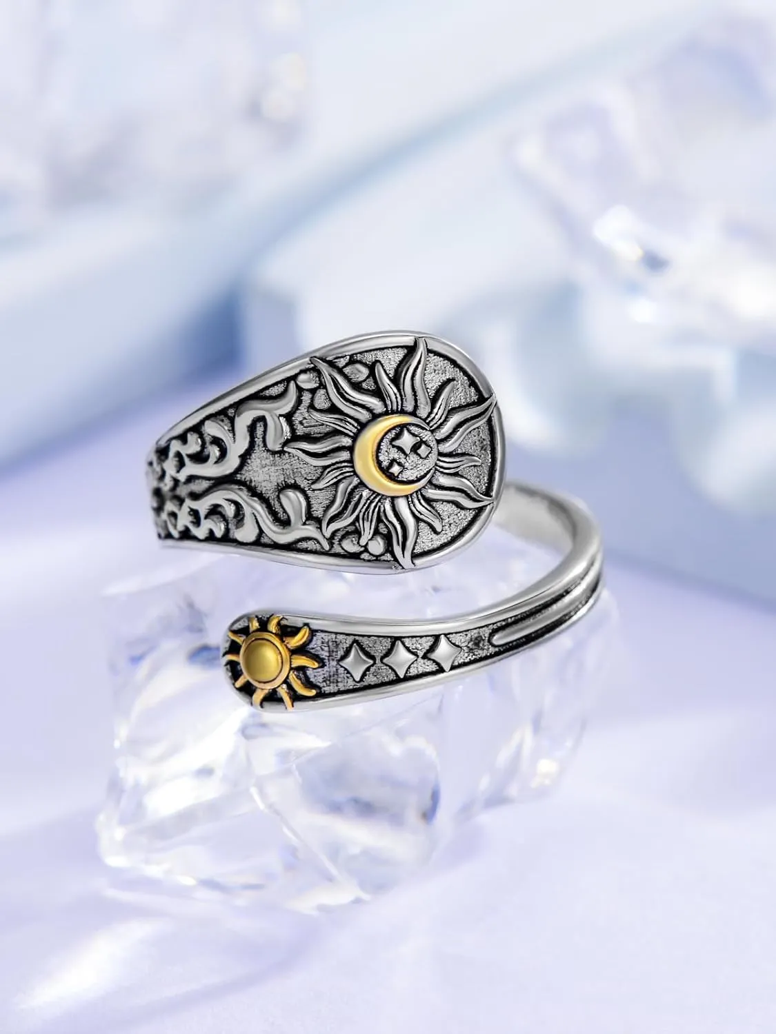 Midari Sun and Moon/Bee/Celtic/Life of Tree/Lotus Spoon Ring for Women 925 Sterling Silver Adjustable Ring Open Ring for Women Men Halloween Birthday Gift