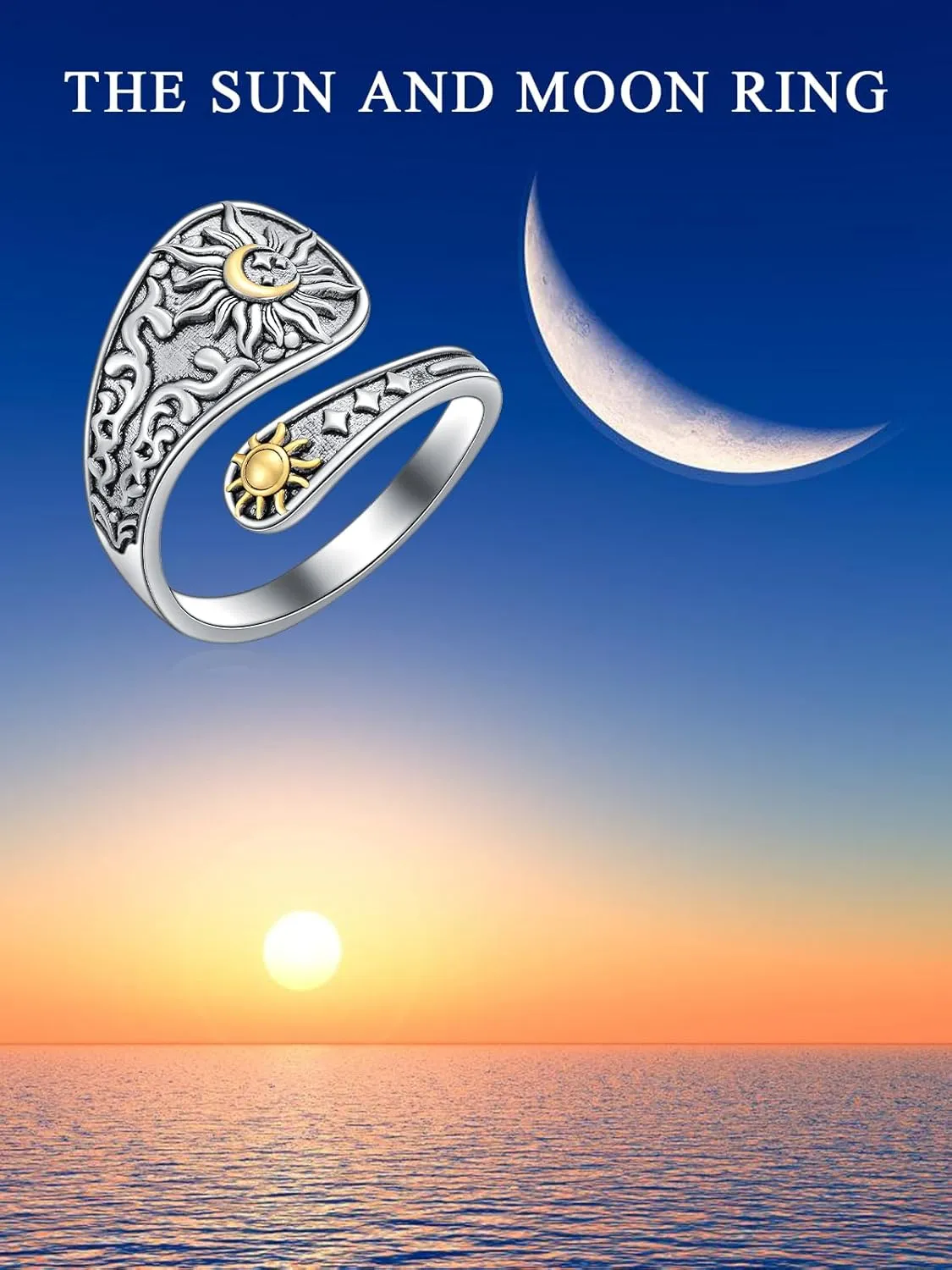 Midari Sun and Moon/Bee/Celtic/Life of Tree/Lotus Spoon Ring for Women 925 Sterling Silver Adjustable Ring Open Ring for Women Men Halloween Birthday Gift