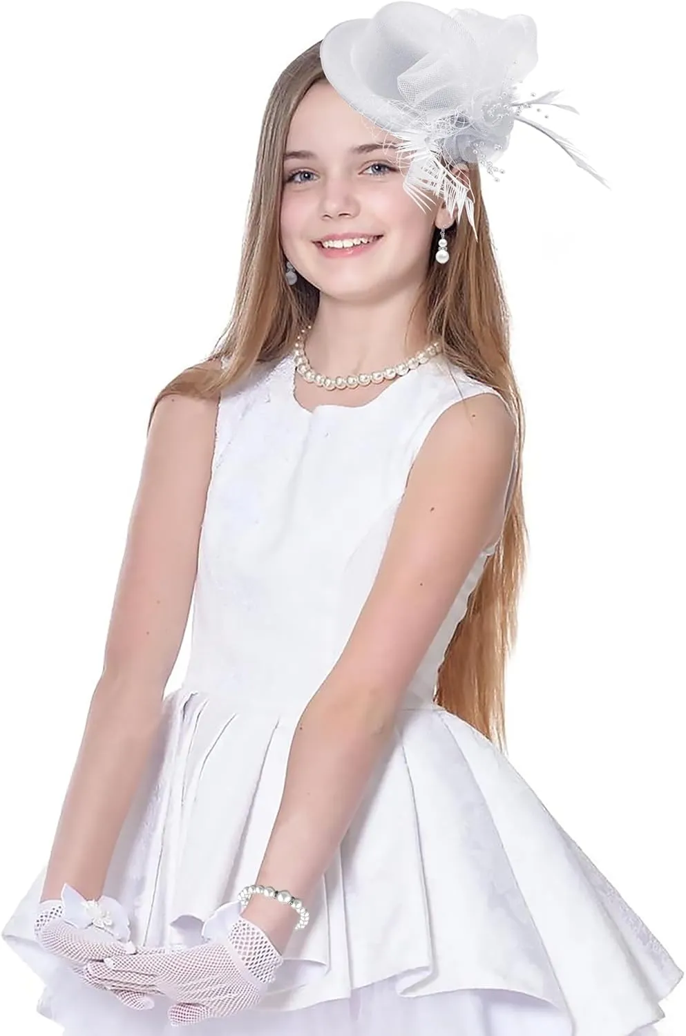 Mini Tea Party Hat Girl Fascinator with Pearl Necklace Earring Gloves Set for Girls Birthday Wedding 1920s Costume