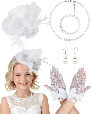 Mini Tea Party Hat Girl Fascinator with Pearl Necklace Earring Gloves Set for Girls Birthday Wedding 1920s Costume