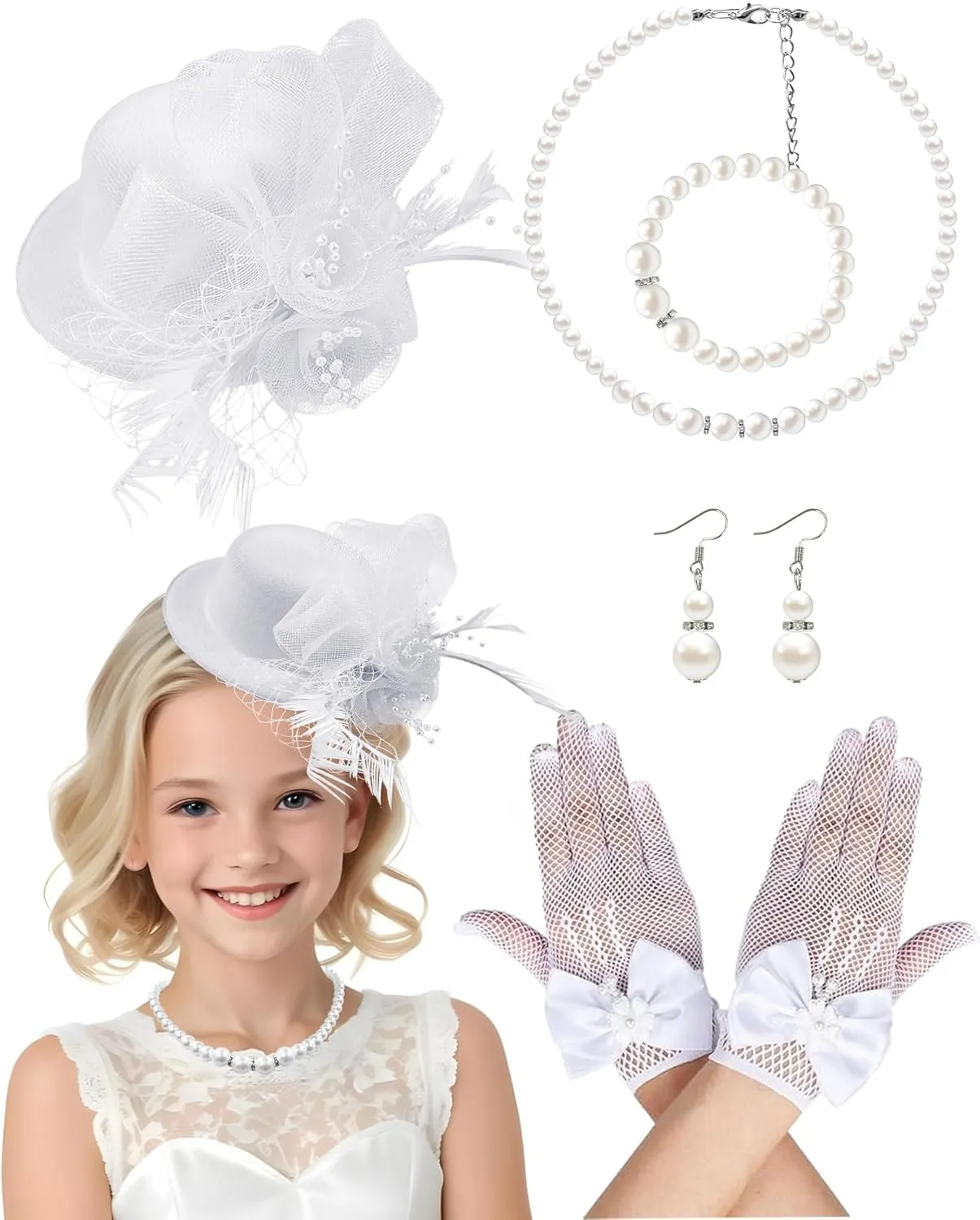 Mini Tea Party Hat Girl Fascinator with Pearl Necklace Earring Gloves Set for Girls Birthday Wedding 1920s Costume