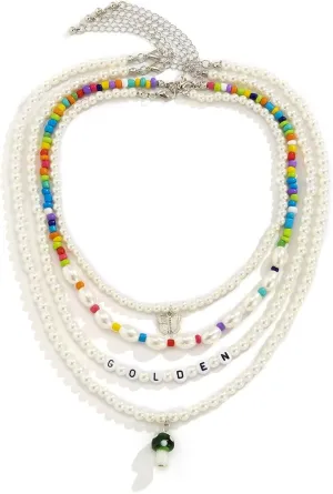 Minimalist Layering Necklaces for Women, Pearls Necklaces for Women 4 Layer White Round Mushroom Butterfly Design Teenage Girls Gifts Ideas