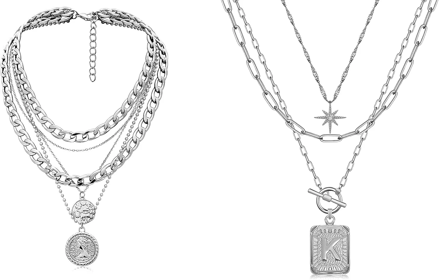 MJartoria Bundle-Layered Necklaces for Women Trendy Retro Coin Pendant Gold Necklace and Layered Initial Necklaces for Women Trendy, Simple Square A-Z Letter Necklace
