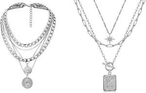 MJartoria Bundle-Layered Necklaces for Women Trendy Retro Coin Pendant Gold Necklace and Layered Initial Necklaces for Women Trendy, Simple Square A-Z Letter Necklace