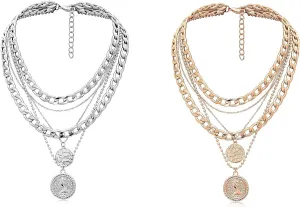 MJartoria Bundle - Silver Layered Necklaces for Women Trendy Retro Coin Pendant Gold Necklace and Rose Gold Dainty Chunky Link Chain Choker Necklaces for Girls Jewelry Birthday Gifts